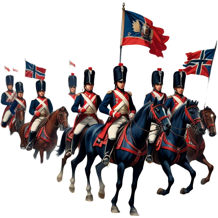 A vintage movie poster-style design depicting a dramatic Napoleonic War scene. Include soldiers in period uniforms, cannons, and a battlefield with flags and horses. The background should evoke a sense of battle and history, with old-fashioned cinematic flair. Transparent background. emoji