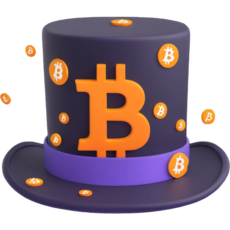 top hat emoji with digital crypto-inspired pattern featuring Bitcoin logo and stylized trading chart icons integrated emoji