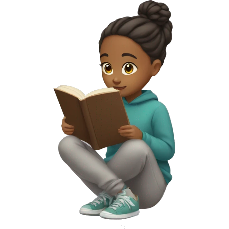 Girl with bun and in sweatshirt and sweatpants reading a book emoji