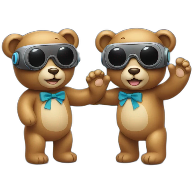 Two teddy bears holding hands while wearing VR goggles  emoji