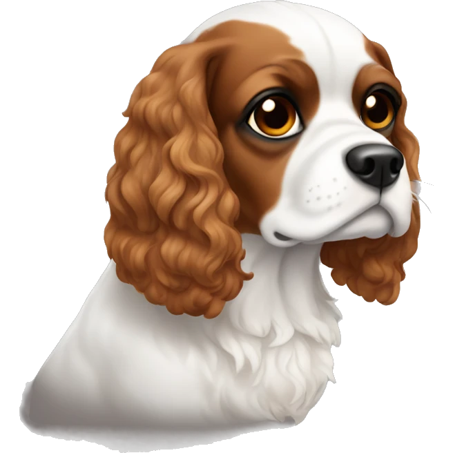White and brown cavalier dog with black patch of fur around his eye  emoji