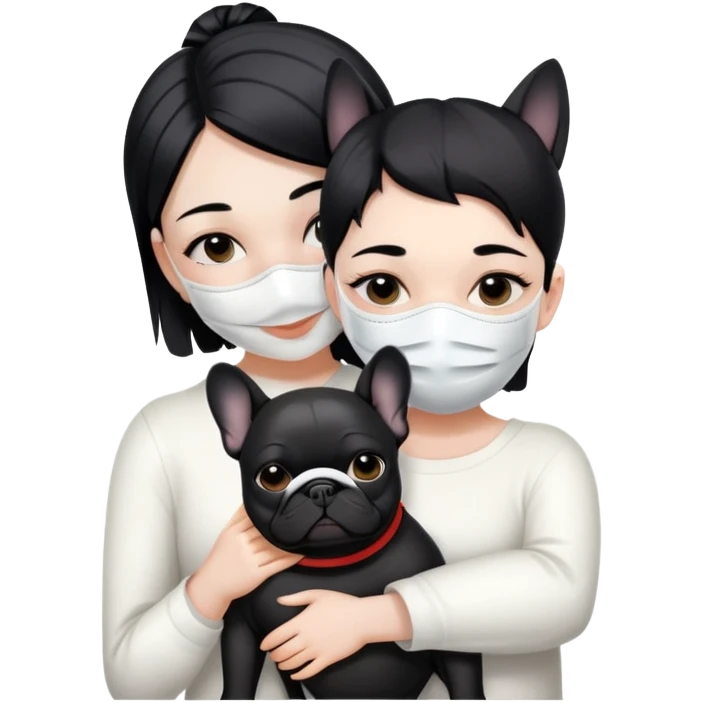 girl with short black straight hair and wearing a white mask and hugging a black French bulldog emoji