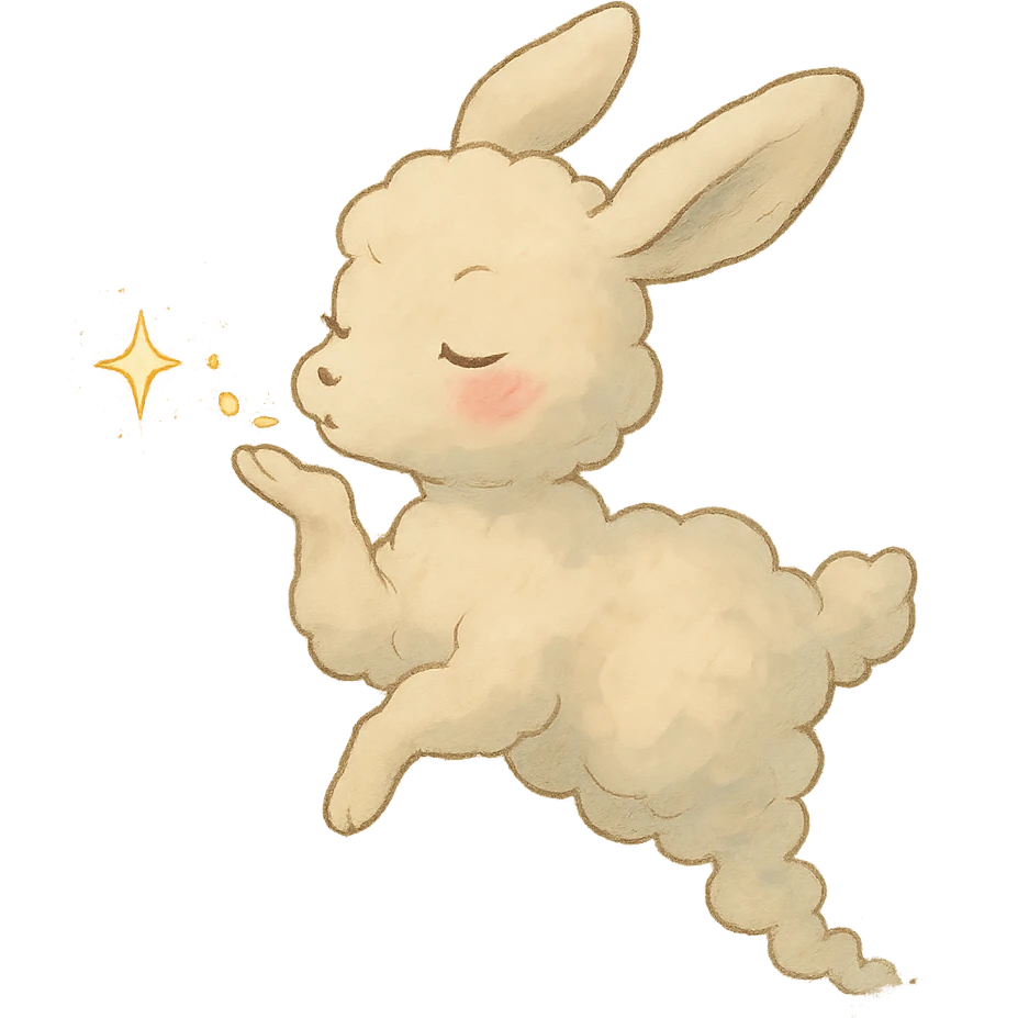 vanilla cloud doe with rosy cheeks, floating in the air, blowing a sparkling kiss, soft ghibli style emoji