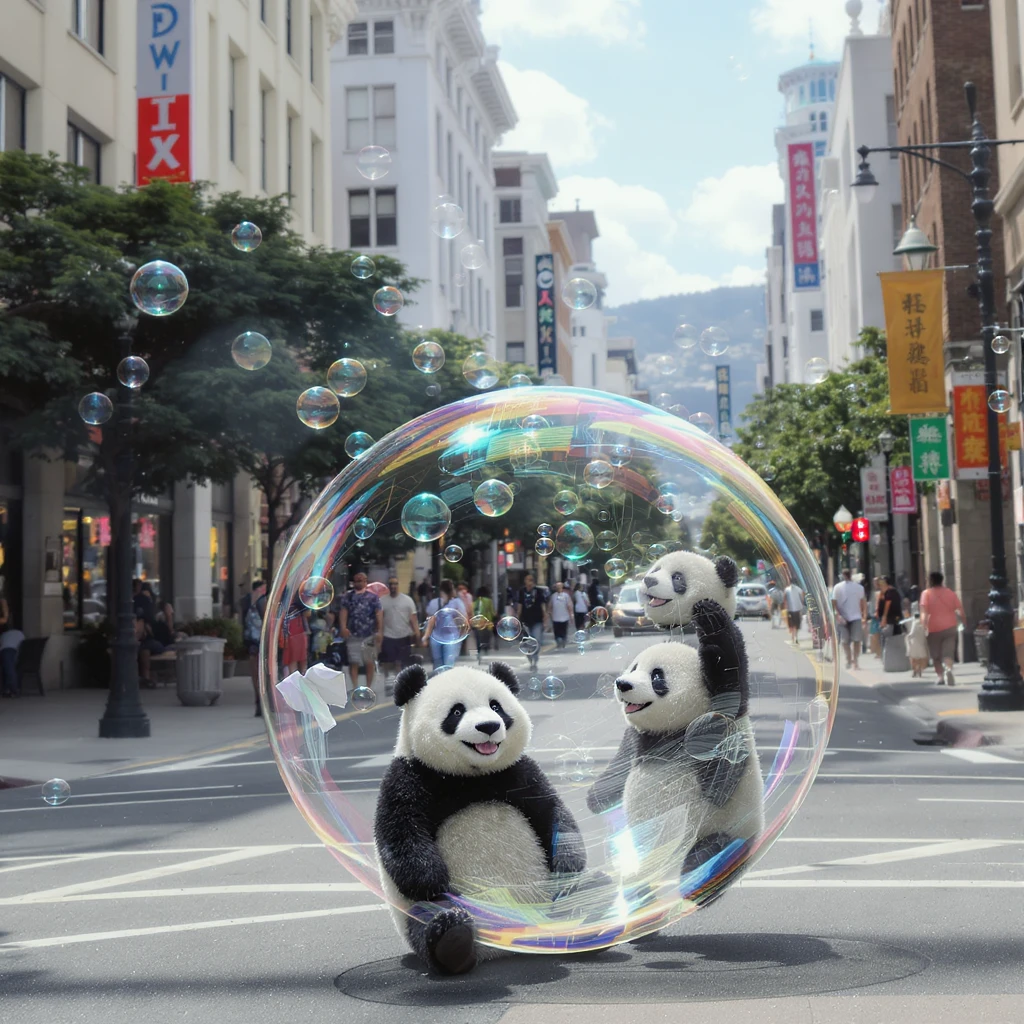 Cinematic still pandas bears sitting inside bubbles flying around San Francisco downtown, sunny summer day, happy vibe, colorfull surround emoji