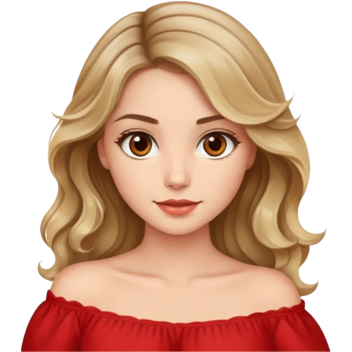 a beautiful girl with wavy and dark blond hair and her eyes are brown. The girl from once has a beautiful red blouse in which from the shoulders starts  emoji