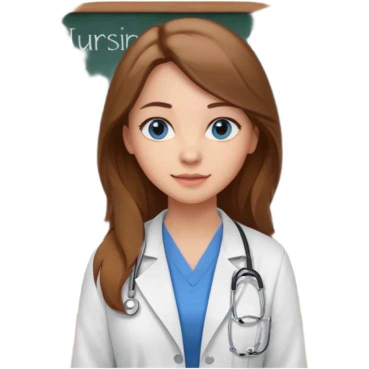 university classroom that says nursing school on the blackboard with a pretty female nursing student with long brown hair, blue eyes emoji