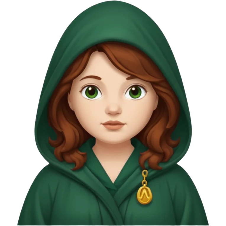 A white woman with a chubby face, with long dark auburn hair robed and hooded like she's a Traitor in the tv show The Traitors. her hair is slightly curly, but kinda frizzy, not with defined curls, and the robe is a very dark green color emoji