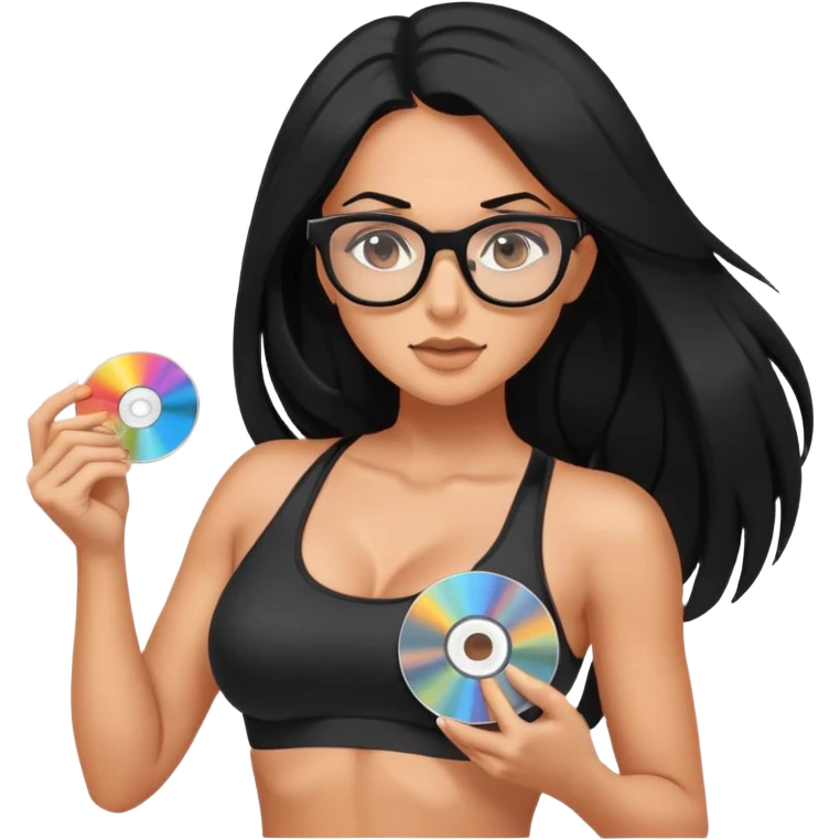 glasses, long black hair tanned woman, black sports bra, sexy, hot, data analysis, holding a cd   emoji