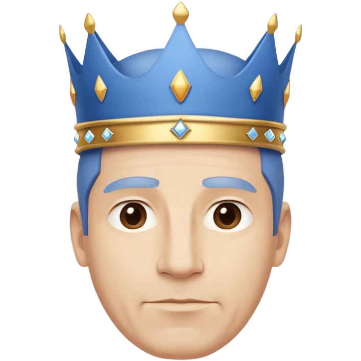 A friendly, clean-shaven middle-aged man wearing a large, plain blue crown bigger than his face. The crown has a wide base, no details or gems. Minimalist, modern style inspired by Apple aesthetics — clean lines, soft lighting, neutral background. emoji