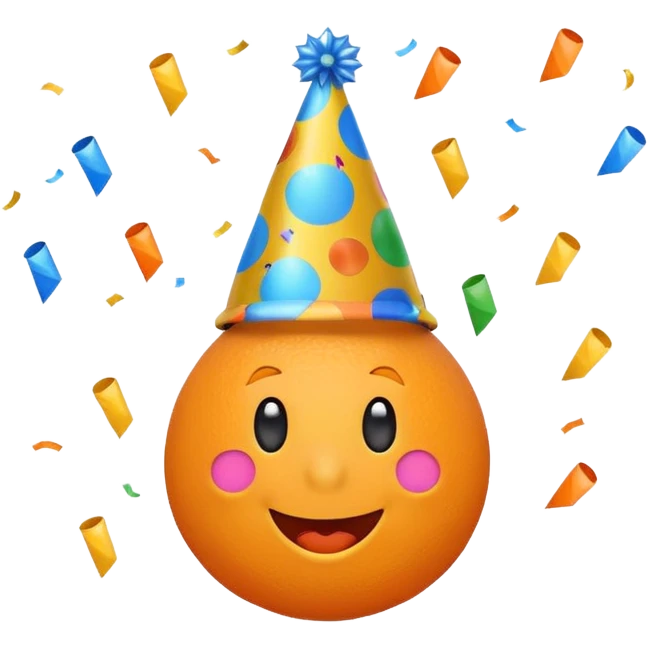 orange excited emoji with a tilted party hat and colorful confetti emoji