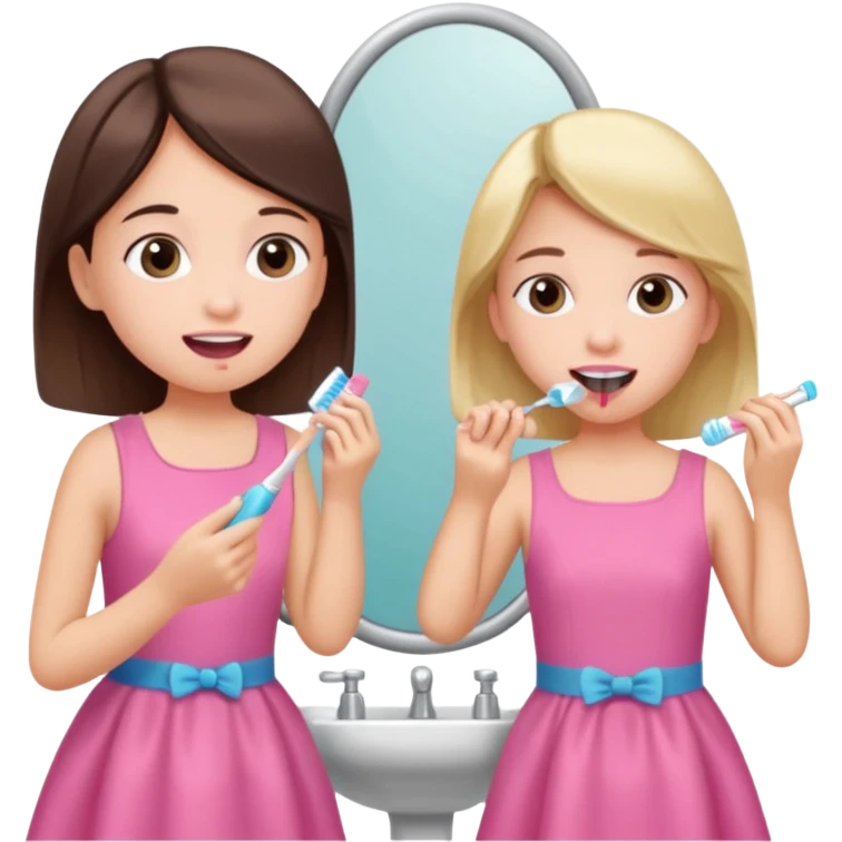 Girl brushing her teeth with her mom looking in mirror wearing pink emoji