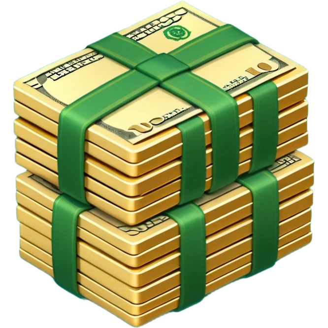3D icon of stacked US dollar bundles with green straps, isometric view, game style emoji