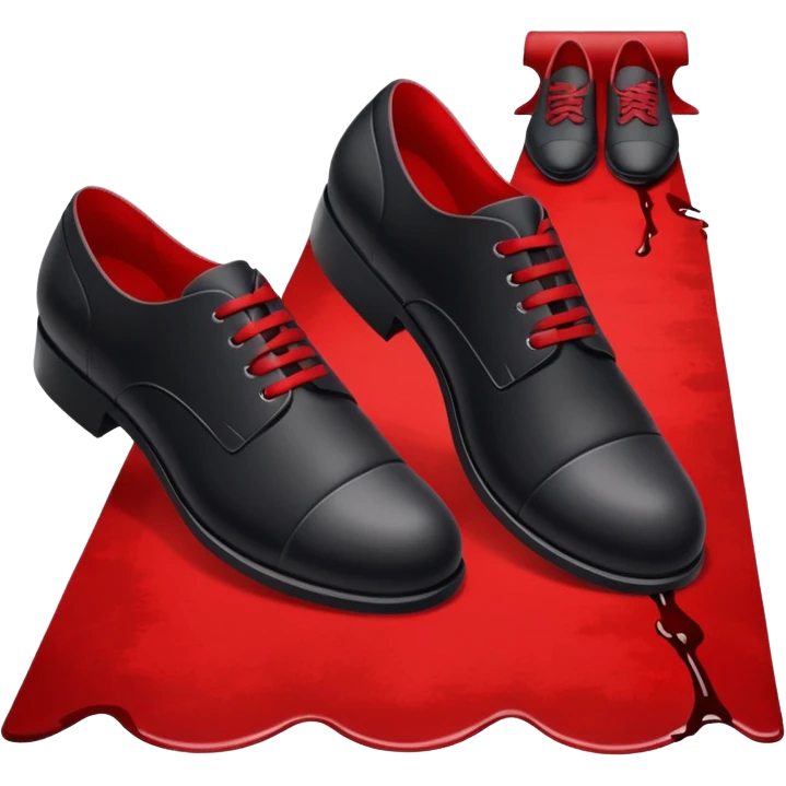 Minimalist emoji-style sticker of two black shoes standing on a red carpet that fades into a bloodstain. Flat, frontal design, simple icon composition. emoji