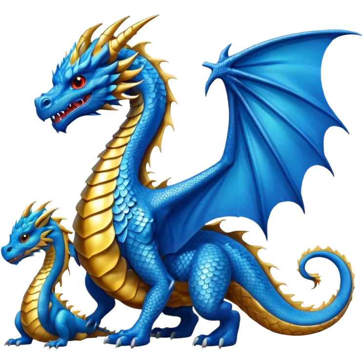 Giant blue dragon stood next to a small golden dragon emoji