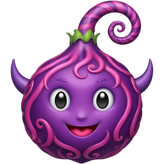 A cute anime-style purple devil fruit with pink spiral patterns, a curly swirl stem on top, glossy texture, simple shading, emoji style, centered on a plain background. emoji