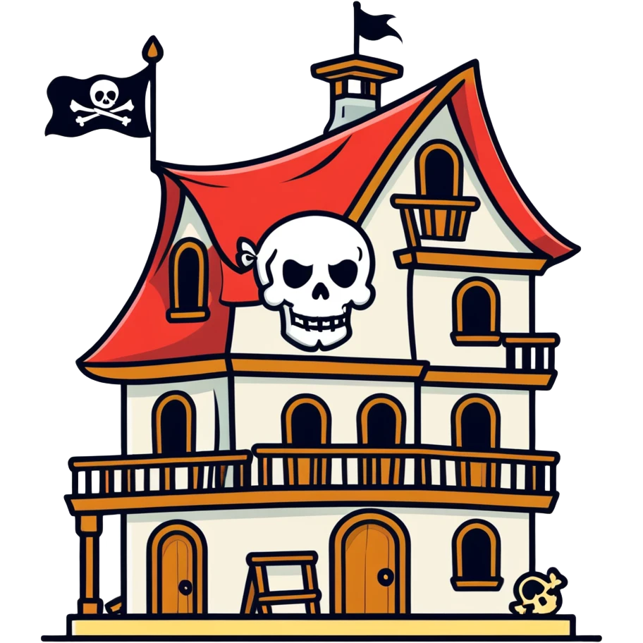 old pirate's house with skull flag emoji