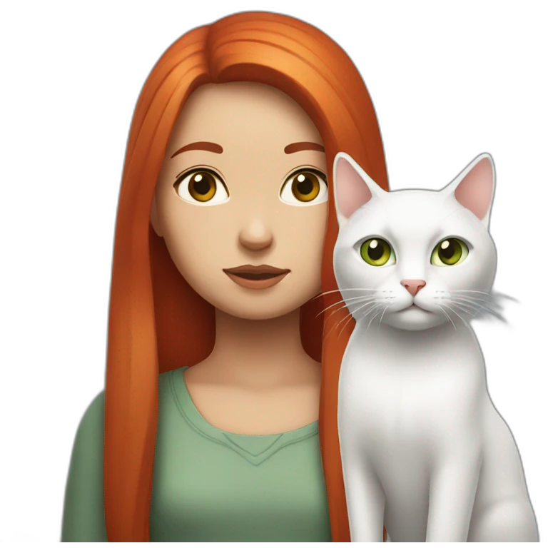 Girl with long straight red hair, serious with white cat on her head and gray green eyes emoji
