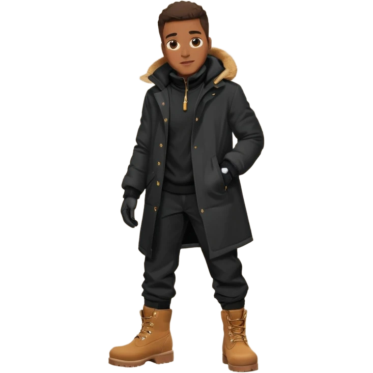 Handsome Black grown man with brown skin tone, wearing black joggers, a black weather coat, and buckwheat timberland boots, and black gloves emoji