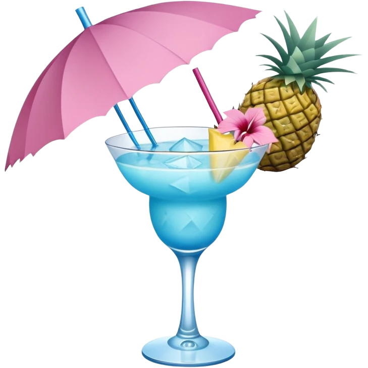blue tropical cocktail with hibiscus, pineapple, and tiny pastel paper umbrella garnishes emoji