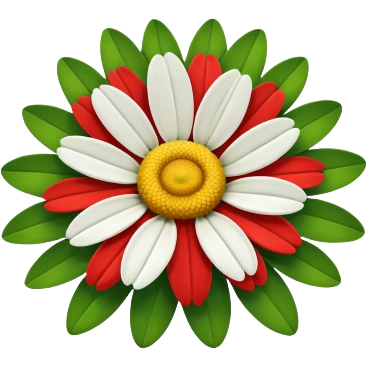 A fifteen-petalled daisy with green, red and white petals and a yellow centre.
Only the face of the daisy should be visible. emoji