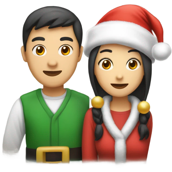 Asian couple with Santa hats holding “Merry Christmas Mofos” sign emoji