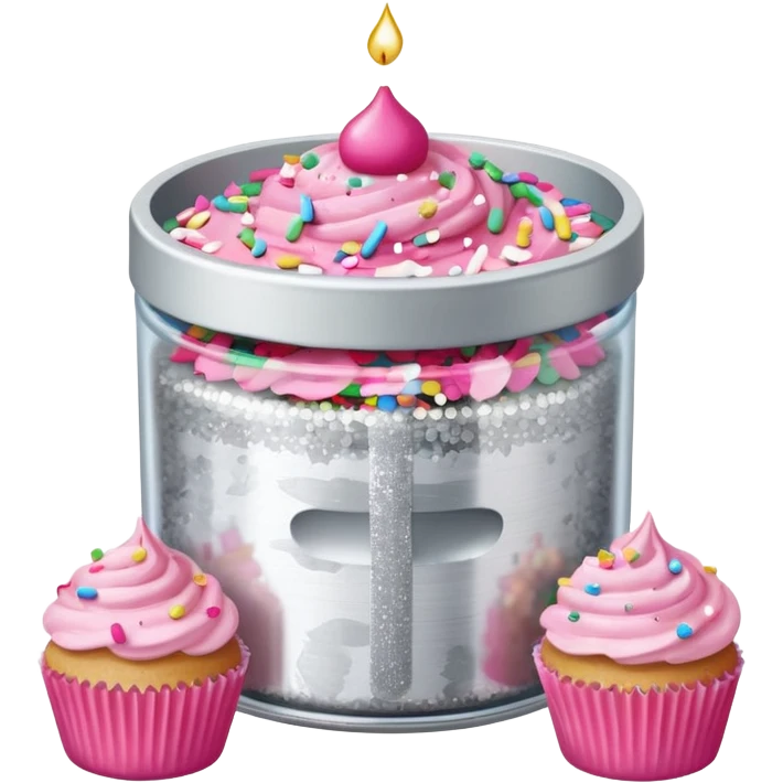 silver glitter in a small clear circular container with white lid next to a can of sprinkles and pink cupcakes  emoji