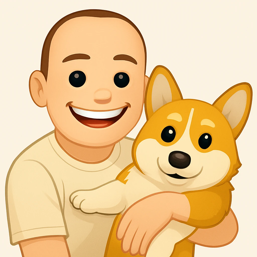 Make the man in the illustration smile, keeping the corgi dog, in the style of apple emojis. emoji