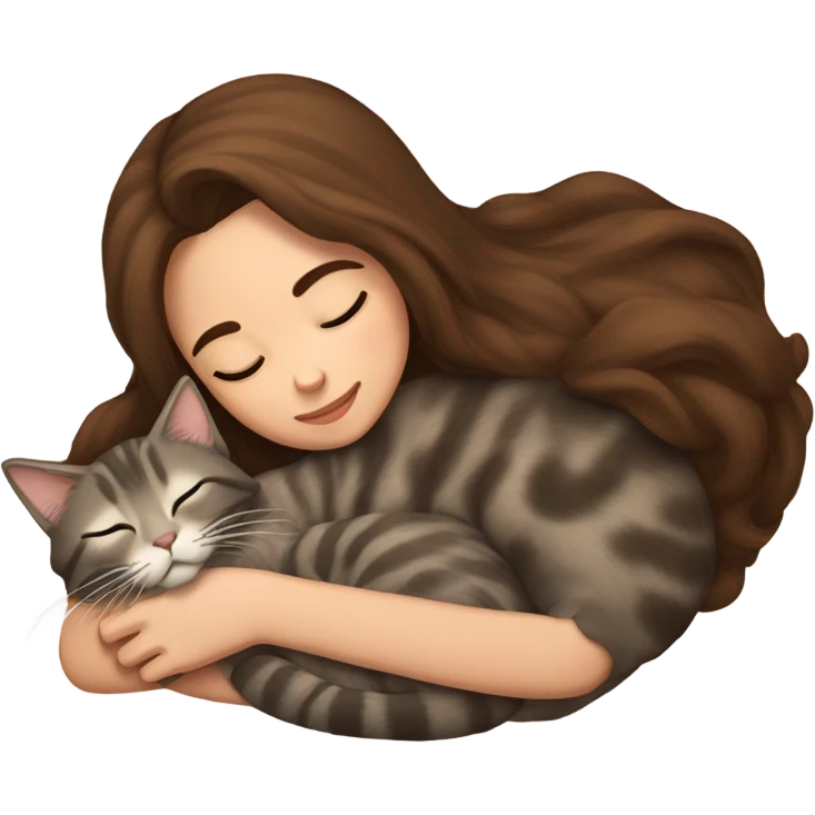 girl with brown hair sleeping cuddled with maine coon cat emoji