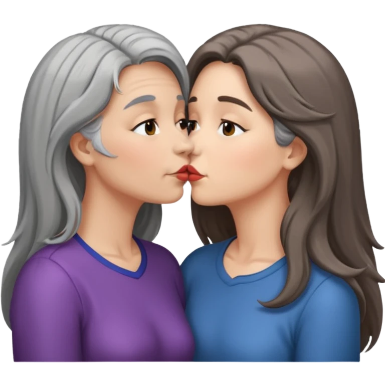 2 Frauen, die sich küssen, davon 1 grauhaarig, 1 braunhaarig, lange Haare emoji