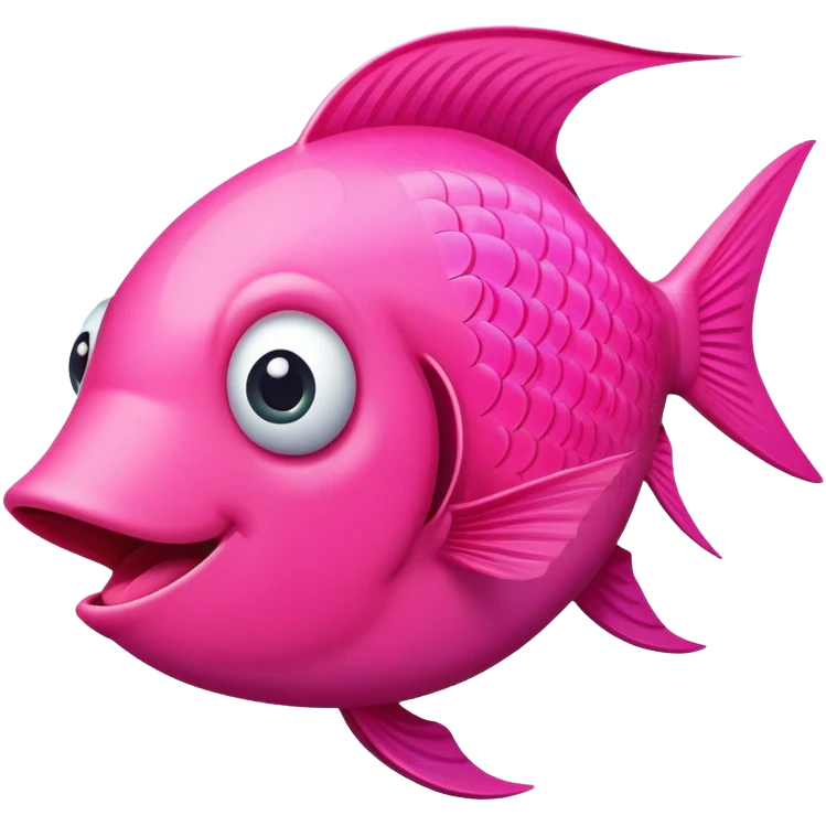 extremely derpy bright pink fish in perfect side profile facing right, wide surprised eye, big open mouth with visible tongue, stupid gaping expression, flat 2D side view only emoji