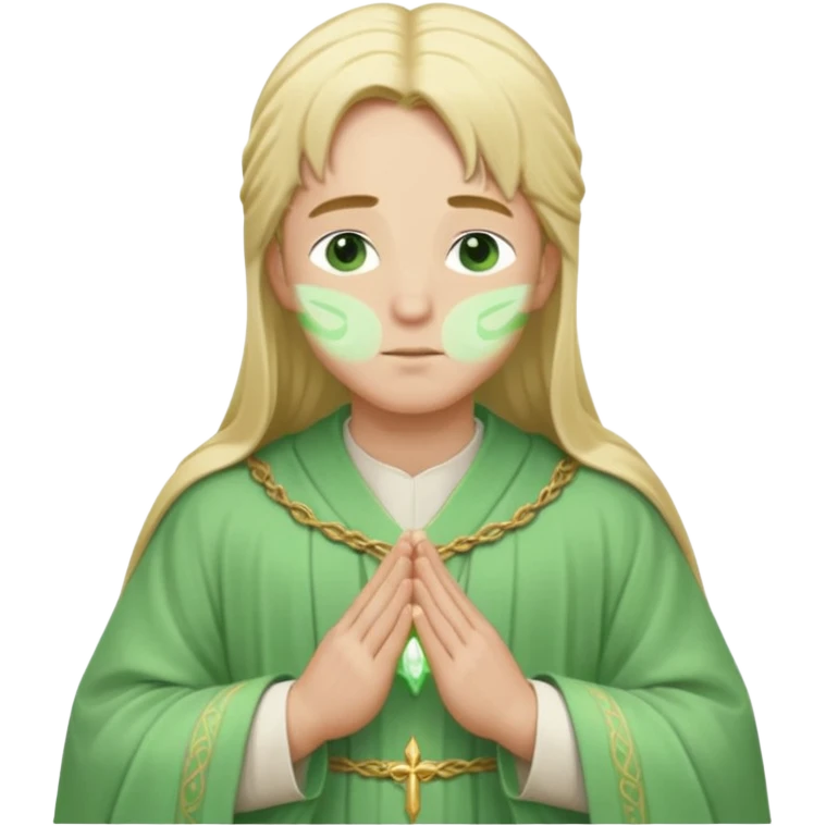 a young bishop, green eyes, long blonde hair, light green wide, flowing outer robe. hands clasped together, eys closed. Soft light, subtle fern. Waist-up, profile. emoji