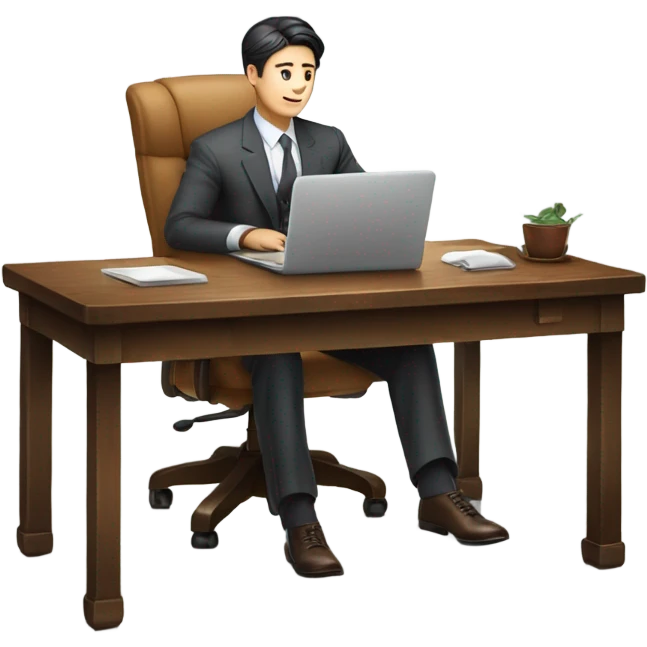 Rich man working setting on a chair and near the table with laptop he is Korean very beautiful looks like JK emoji