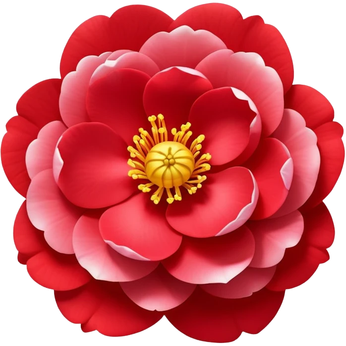 red Japanese camellia flower with layered petals and yellow stamen, flat design emoji