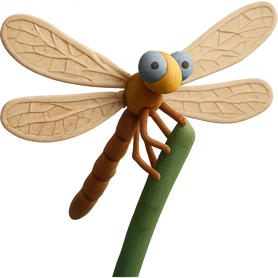 claymation style close-up of a dragonfly on a reed, detailed wings, gentle background emoji