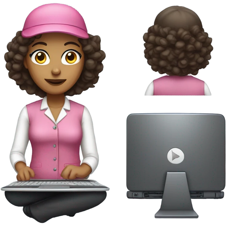 Medium skin tone woman technologist with laptop and pink top wearing a beret and  with dark curly hair emoji