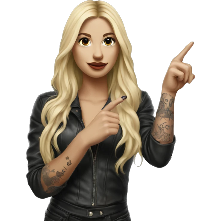 Blonde women with LONG HAIR, in Leather cloth, Body Covered with Tattoos, POINTING YOU FORWARD with her HAND with INDEX FINGER, Hyper Realistic emoji