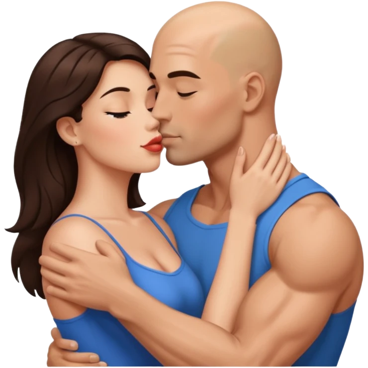 Hyper Realistic beautiful brunette woman in the arms of a handsome muscular bald man kissing  emoji