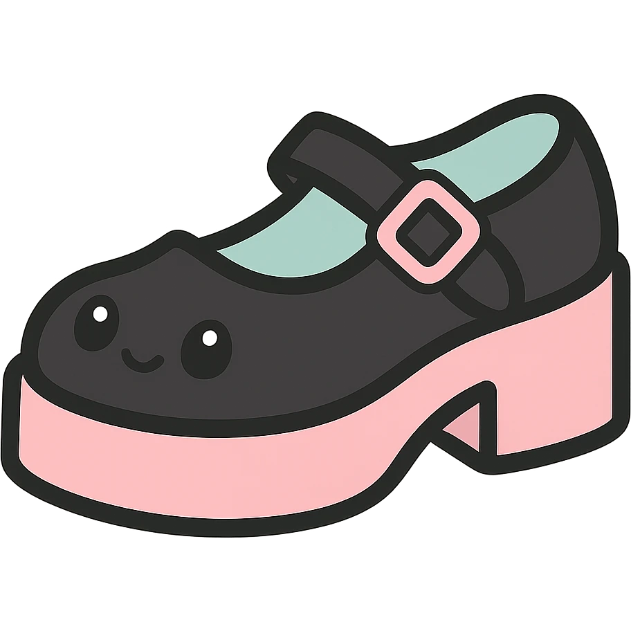 Make the shoes primarily black with pink and pastel accents, kawaii style, no socks, no hearts, transparent background emoji