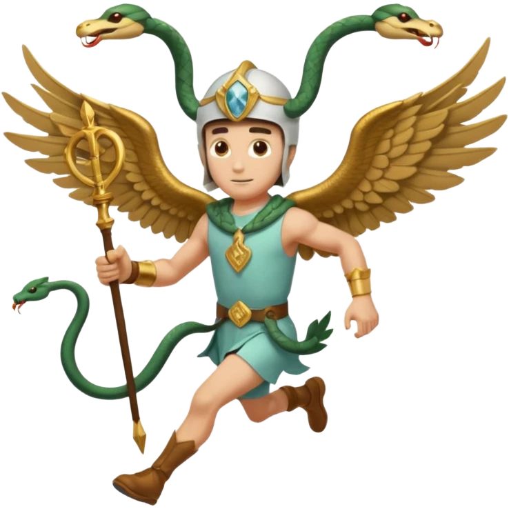 a guy (hermes) running with his caduceus (winged staff + two nakes) and a petasos on his head (winged helmet) emoji