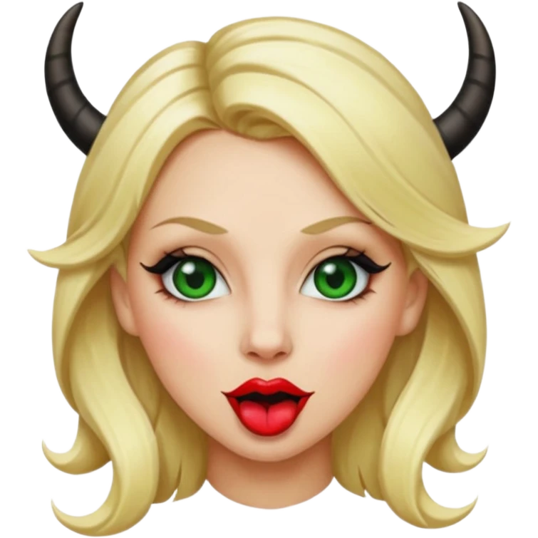 Emoji femme blonde cheveux blond, yeux vert avec de long cils noir qui tire la langue et à des cornes  emoji