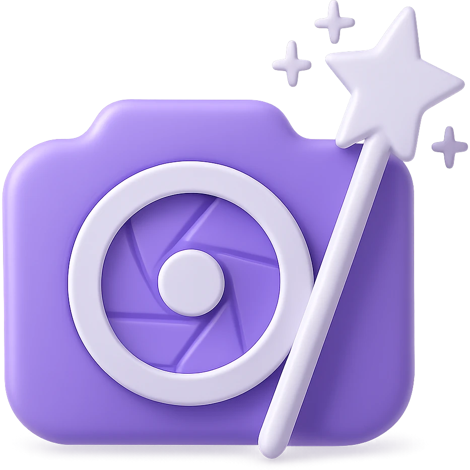 Clean and modern logo for photo restoration featuring a camera lens and magic wand, in a purple color style, no background. emoji