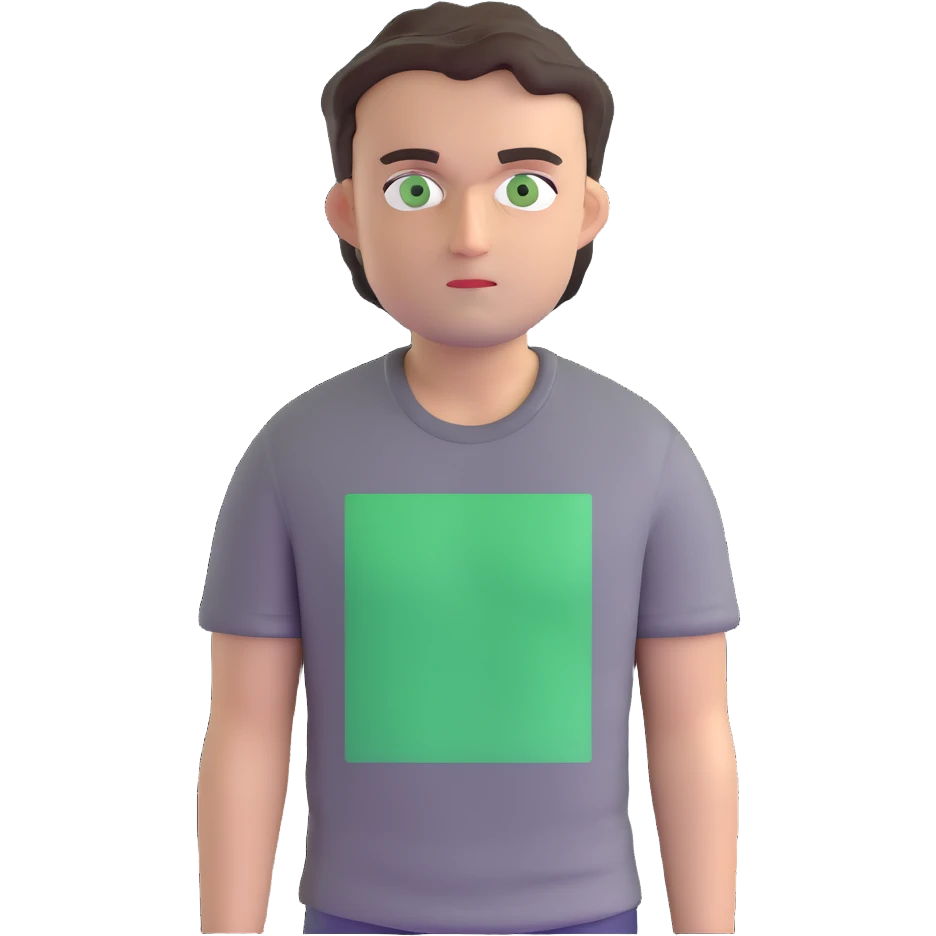 man with dark messy short hair, dark green eyes, wearing a gray t-shirt emoji