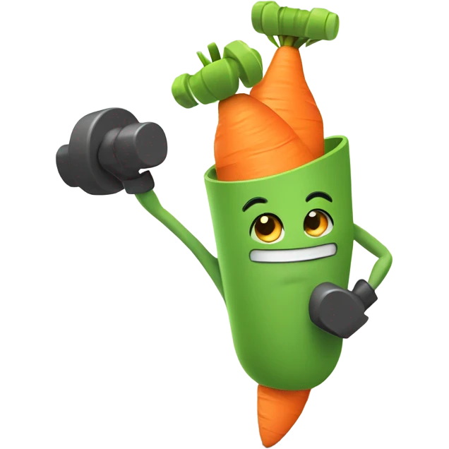 Generate an energetic carrot emoji wearing a sweatband, lifting tiny dumbbells, and looking motivated. emoji
