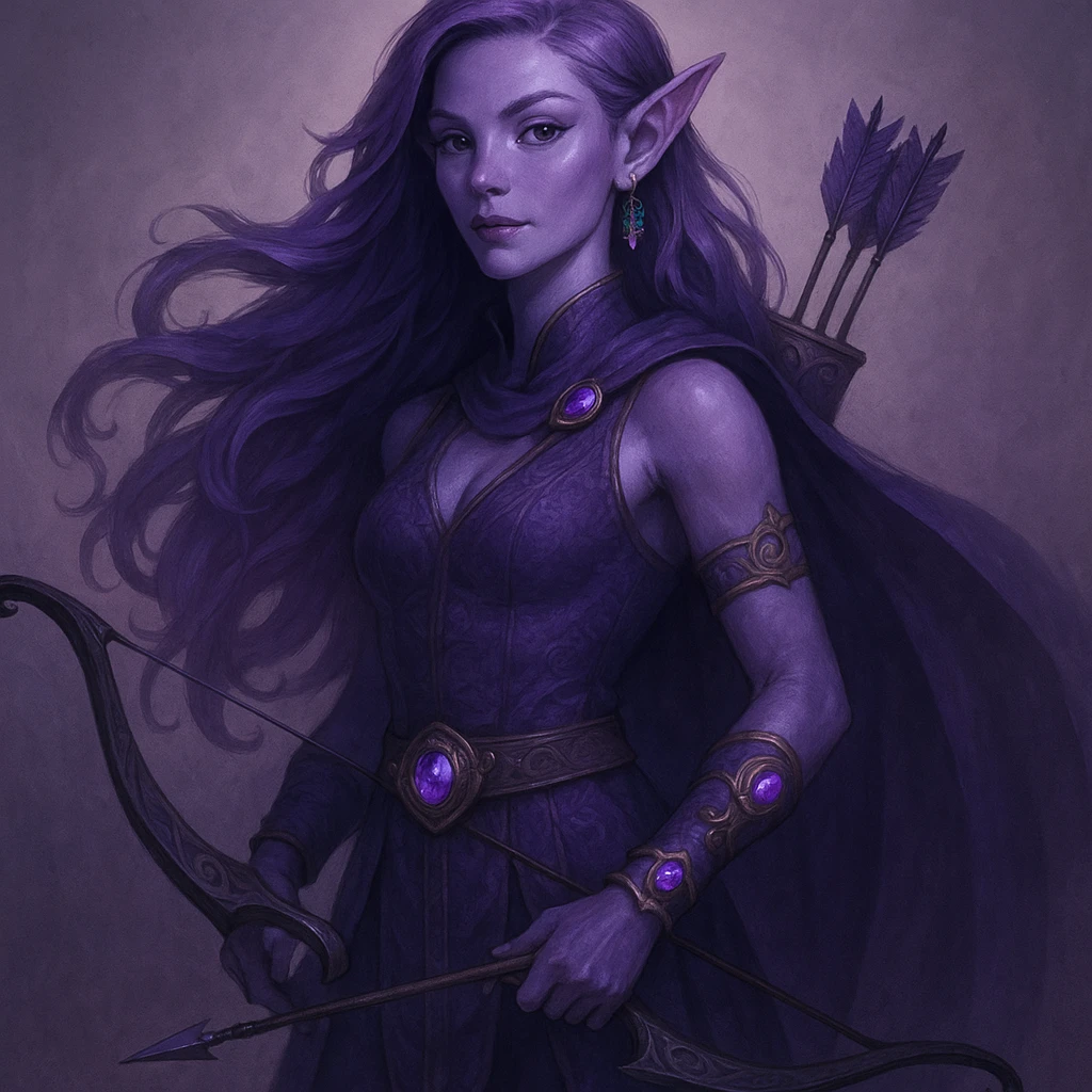 purple fantasy elf archer, standing confidently, long flowing hair, enchanted accessories emoji
