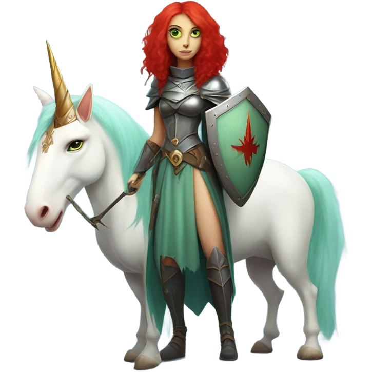 medieval shield: ([politically incorrect, (
	{ female, alien, witch, color: light green, hair:red, eyes:cat} ]
	on a 
	[{ unicorn: white, legged:four, mane: light blue }])) emoji