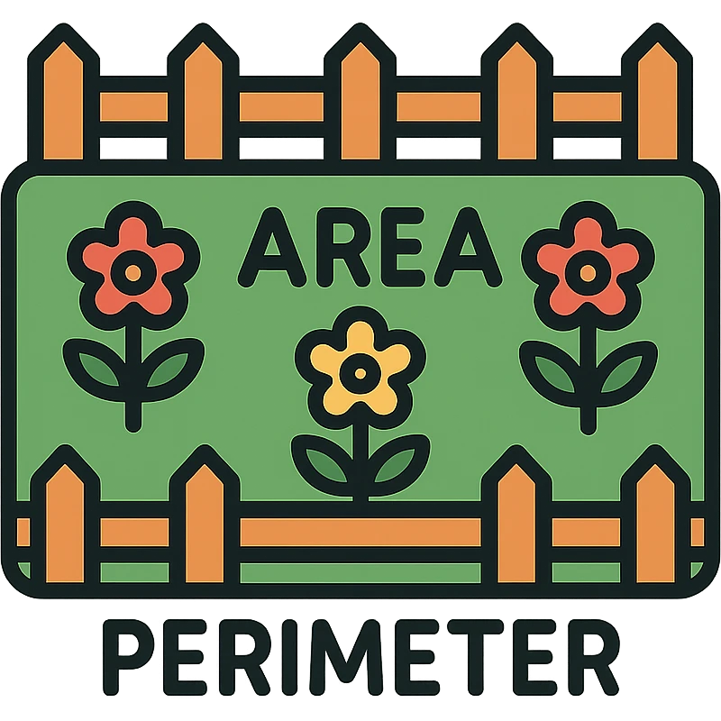 simple word problem image of a garden shaped like a rectangle, flowers inside showing area, fence around showing perimeter, suitable for grade 4 emoji
