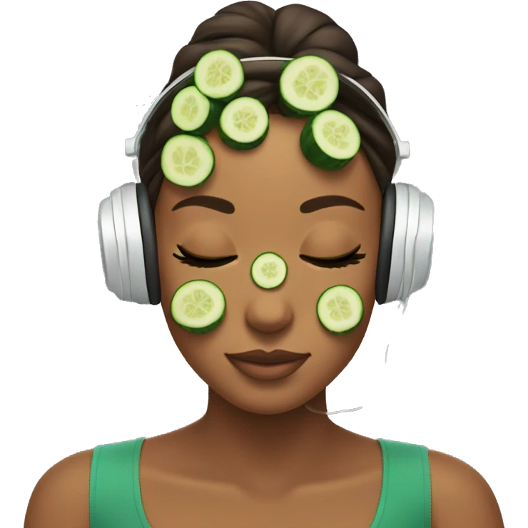 Girl relaxing with cucumbers in her eyes, bow in her hair and headphones  emoji