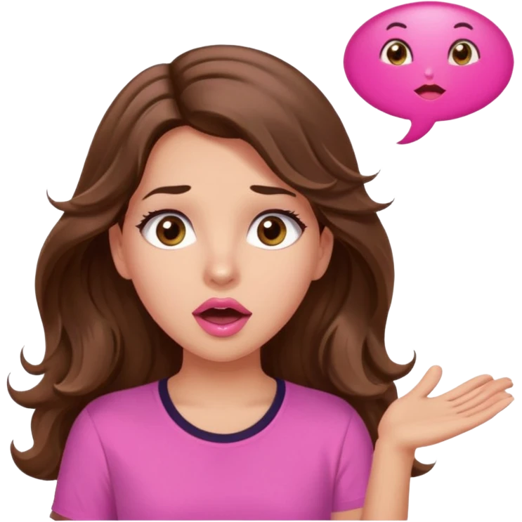 girl with long wavy brown hair, brown eyes, light to medium complexion, in a pink shirt, pink lips, long lashes, surprised, wow speech bubble emoji