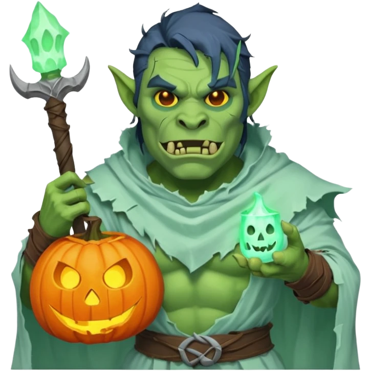 male orc warrior ghost emoji, green skin, tusks, wearing torn white ghost sheet costume, holding glowing jack-o'-lantern, faint blue aura, friendly but spooky expression, Halloween fantasy theme, Apple emoji style, clean white background, square emoji