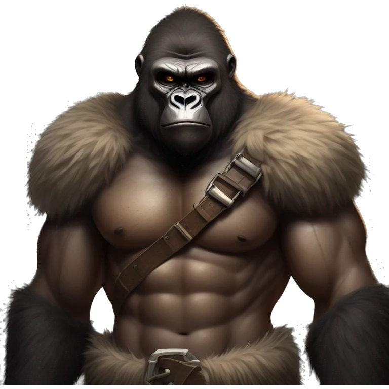 Gorilla-like warrior, tan muscular body, fresh chest wound. Leather and fur armor, stern expression, shadowy wild setting. Muted colors, intense and primal atmosphere. emoji
